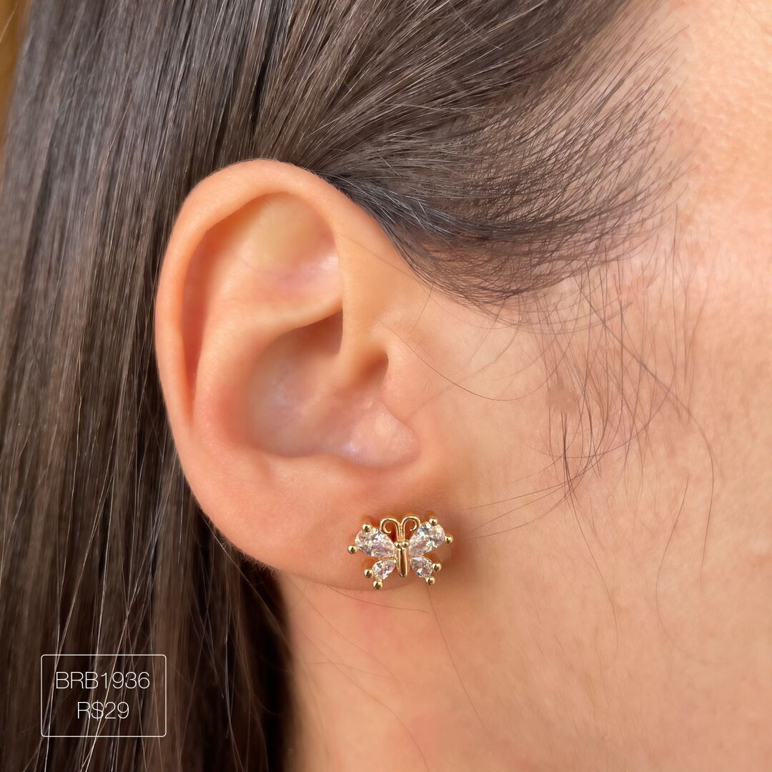 Brinco de Borboleta c/ 4 Gotas Cristal Dourado